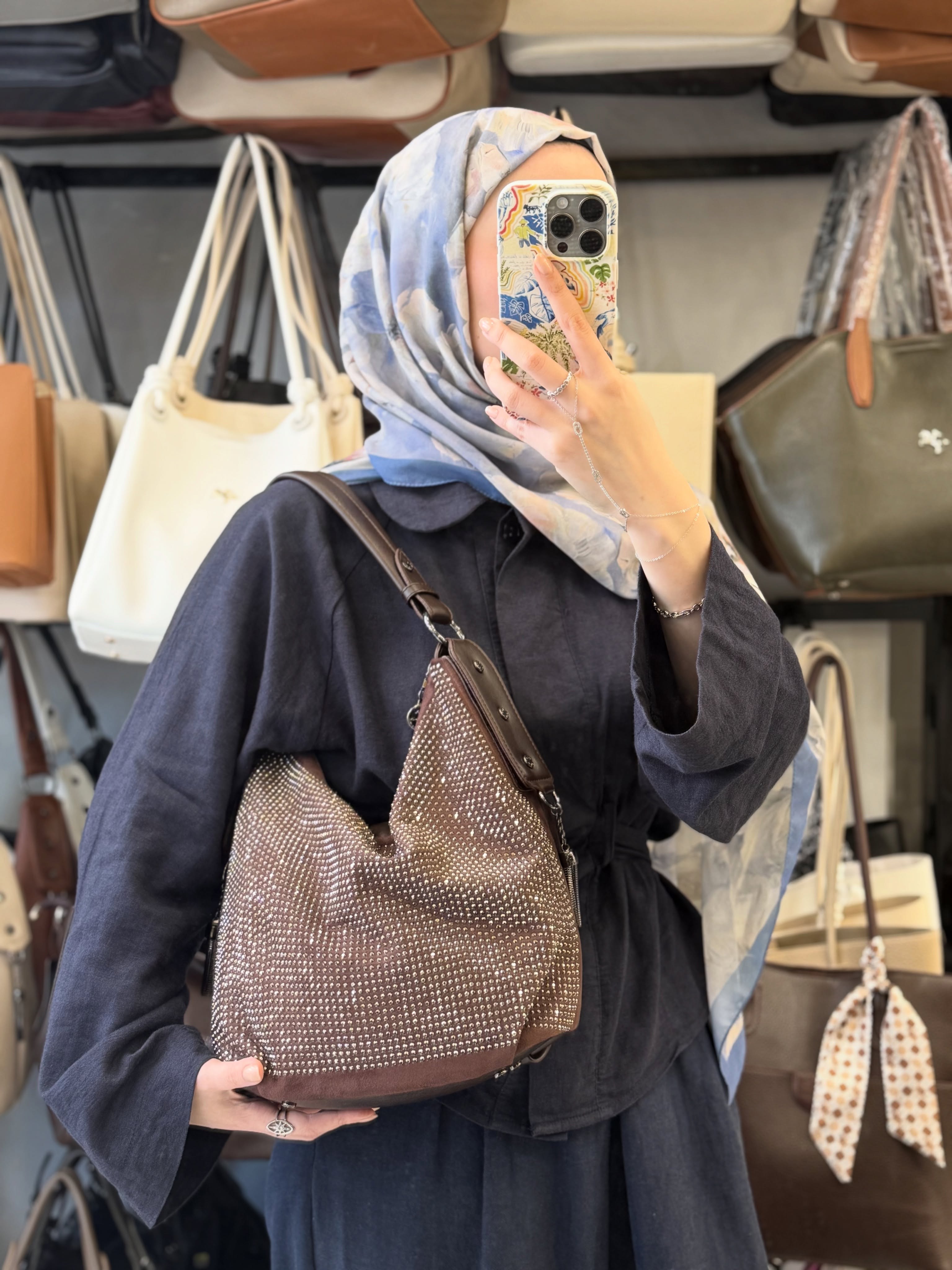Nas Bag Kahverengi Parıltılı Taş Detaylı Ultra Yumuşak Kadın Omuz Çantası - 1071*