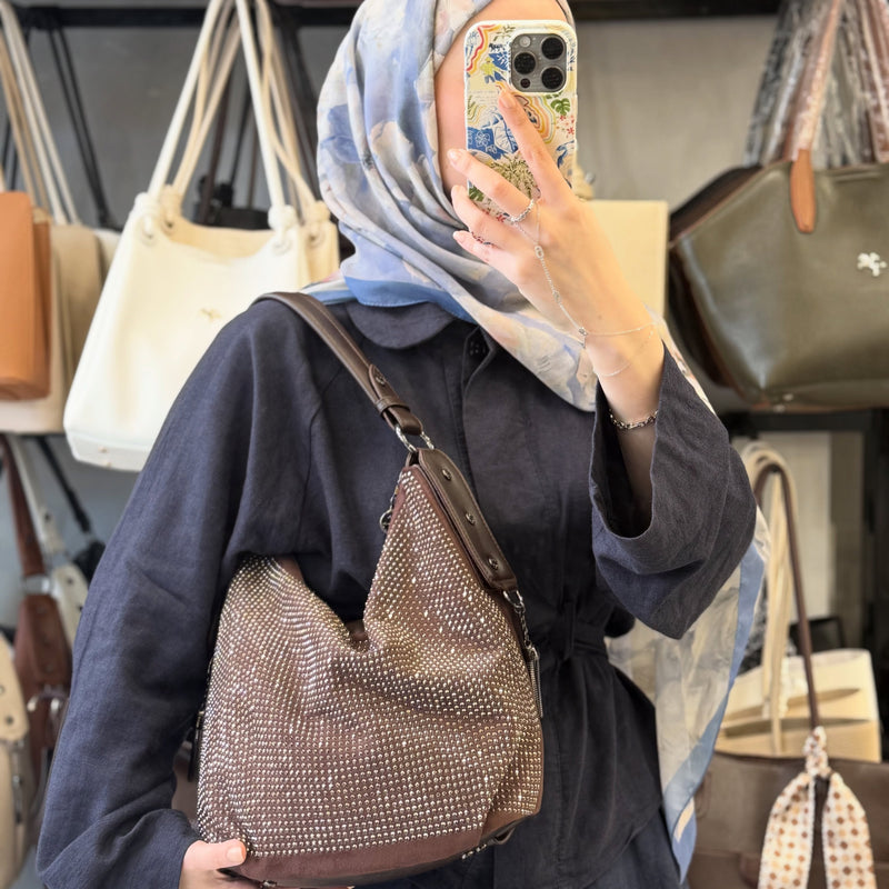 Nas Bag Kahverengi Parıltılı Taş Detaylı Ultra Yumuşak Kadın Omuz Çantası - 1071 - 1