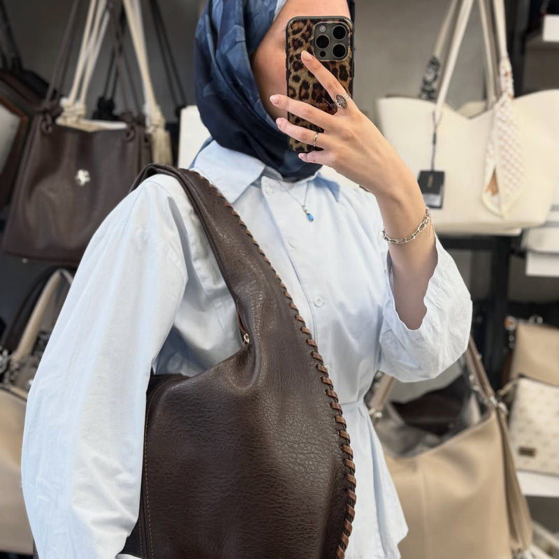 Nas Bag Kahve Taba Kenar Örgü Detaylı Omuz Çantası - 1409 - 1