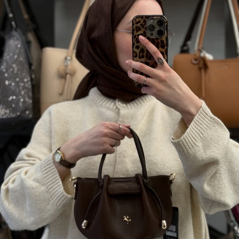 Nas Bag Kadın Mini Büzgülü Şık Kahverengi Çapraz Çanta - 1542 - 1