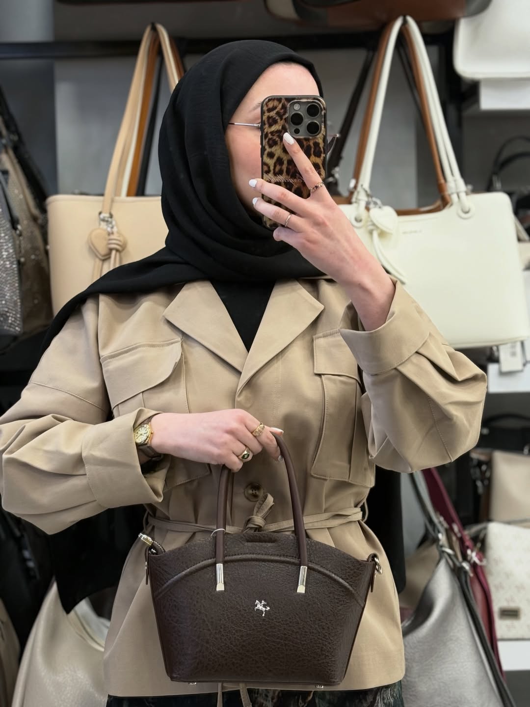 NASBAG Soft-Touch Deri Dokulu Kahverengi Kadın El ve Omuz Çantası - 1375