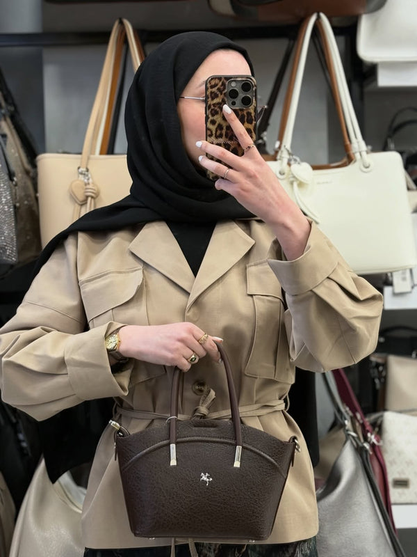 NASBAG Soft-Touch Deri Dokulu Kahverengi Kadın El ve Omuz Çantası - 1375