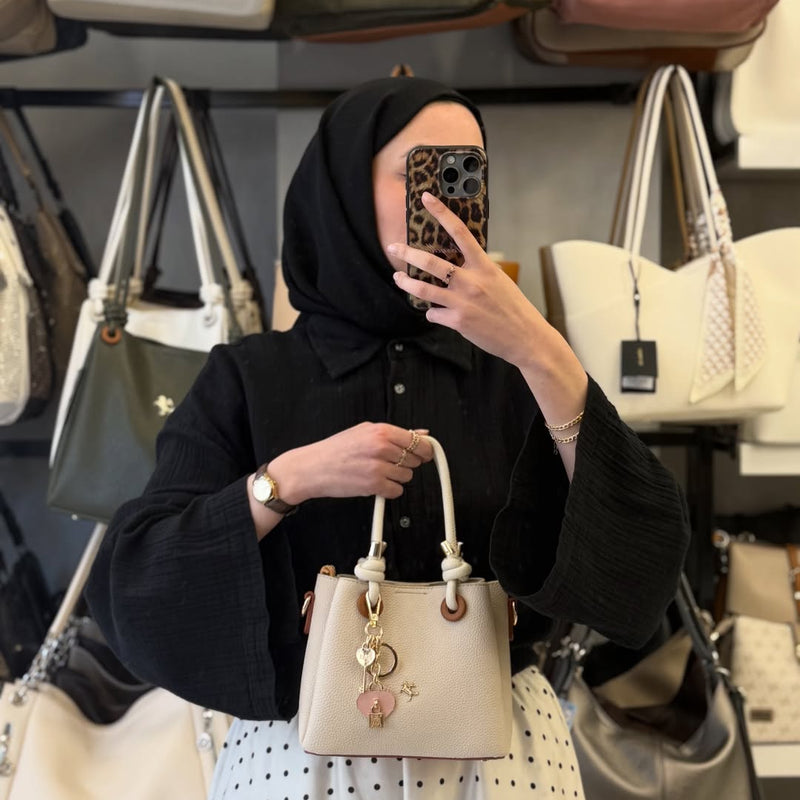 Nas Bag Kadın Charmlı Krem Mini El ve Çapraz Çanta - 1498 - 2
