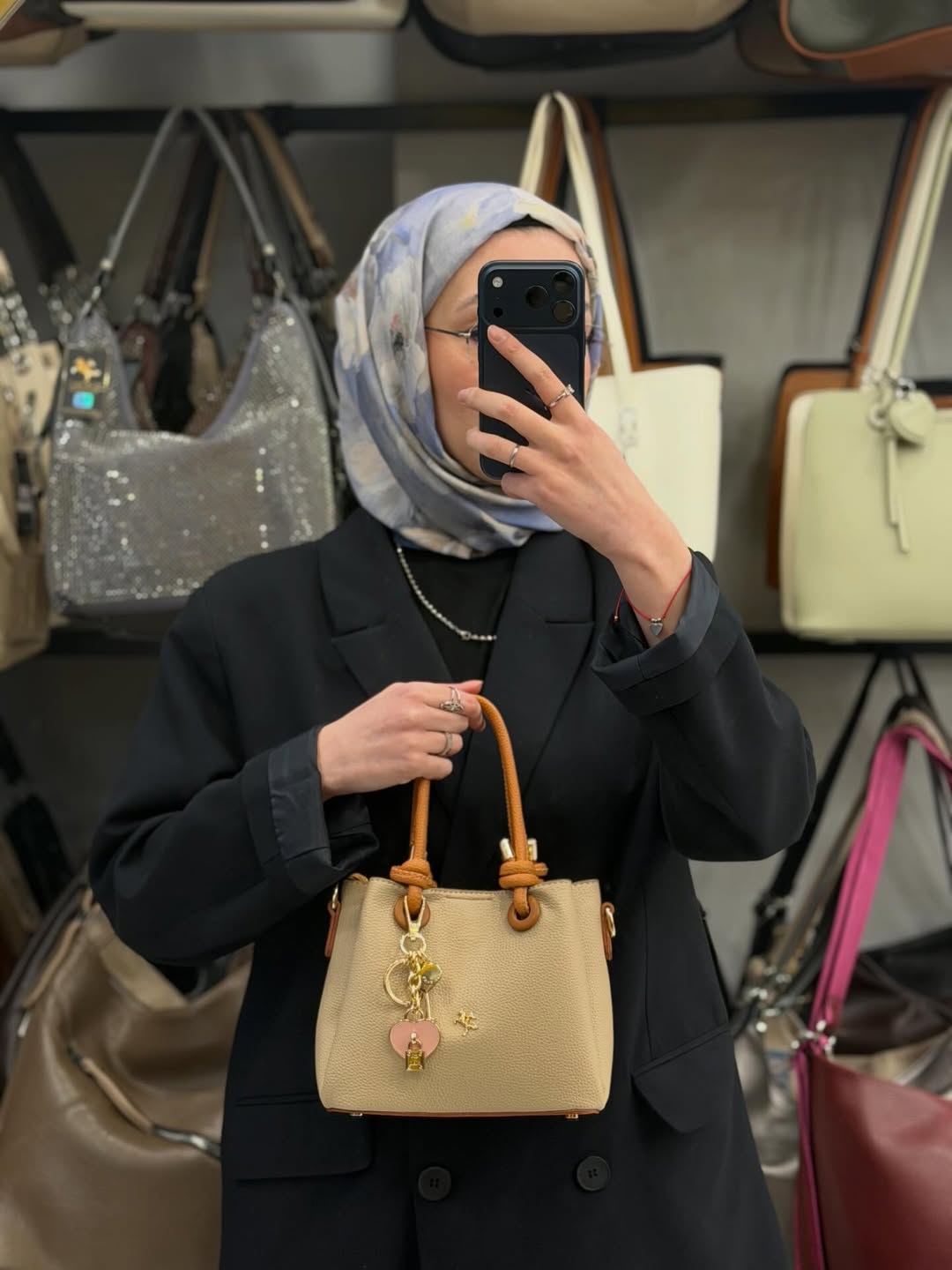 Nas Bag Kadın Charmlı Krem Mini El ve Çapraz Çanta - 1498
