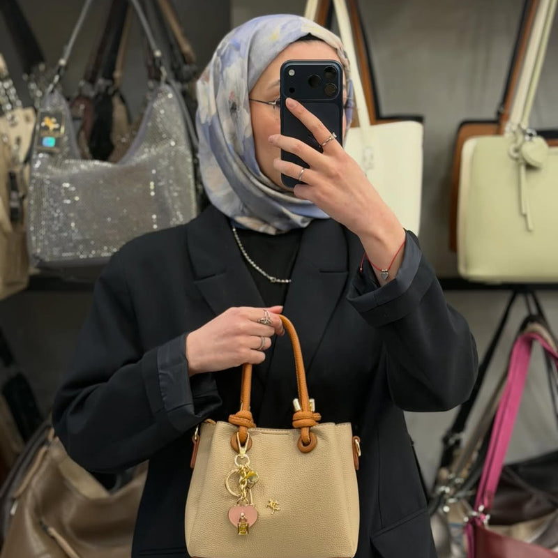 Nas Bag Kadın Charmlı Krem Taba Mini El ve Çapraz Çanta - 1498 - 2