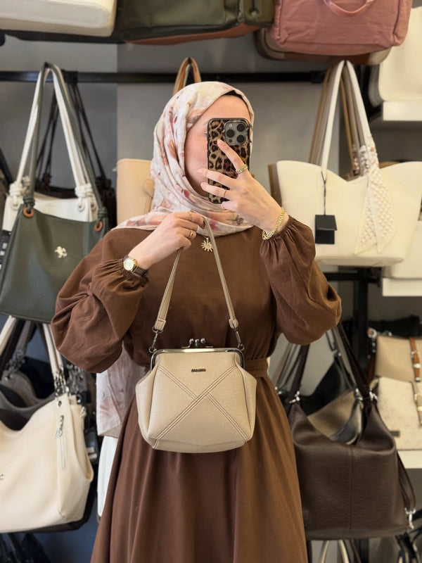 Nas Bag Mini Vintage Burslu Klipsli Kum Taba Kadın Omuz ve Çapraz Çanta - 1423