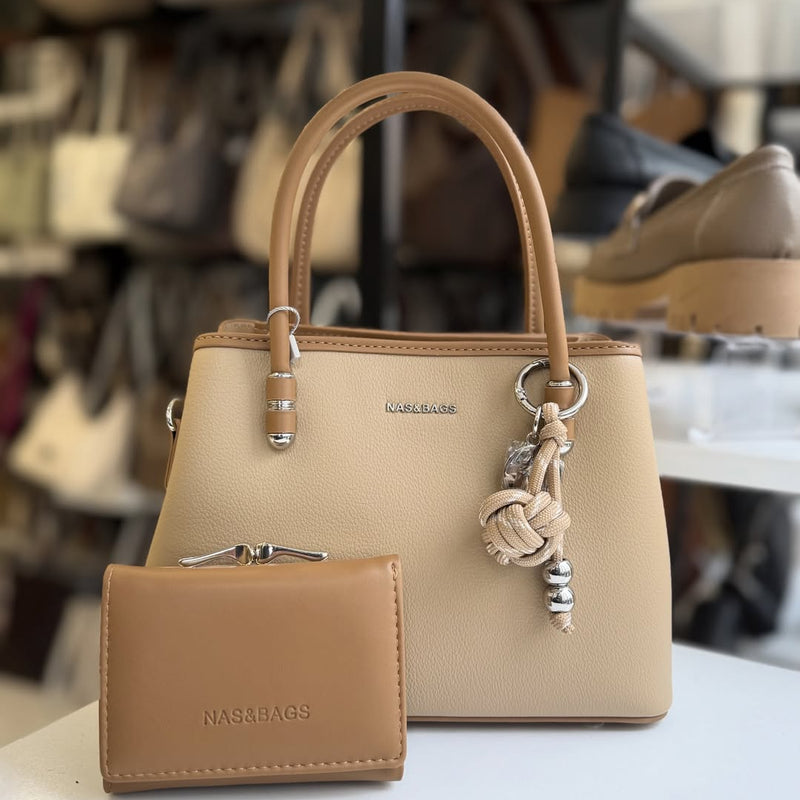 NASBAG Kum Taba Çift Bölmeli ve Cüzdan Hediyeli Premium Kadın El ve Omuz Çantası - Ns26001 - 1
