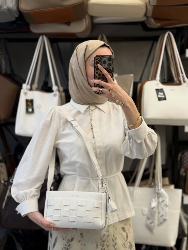 Nas Bag Beyaz Örgü Desenli Çanta & Kartlık Seti - ns26038