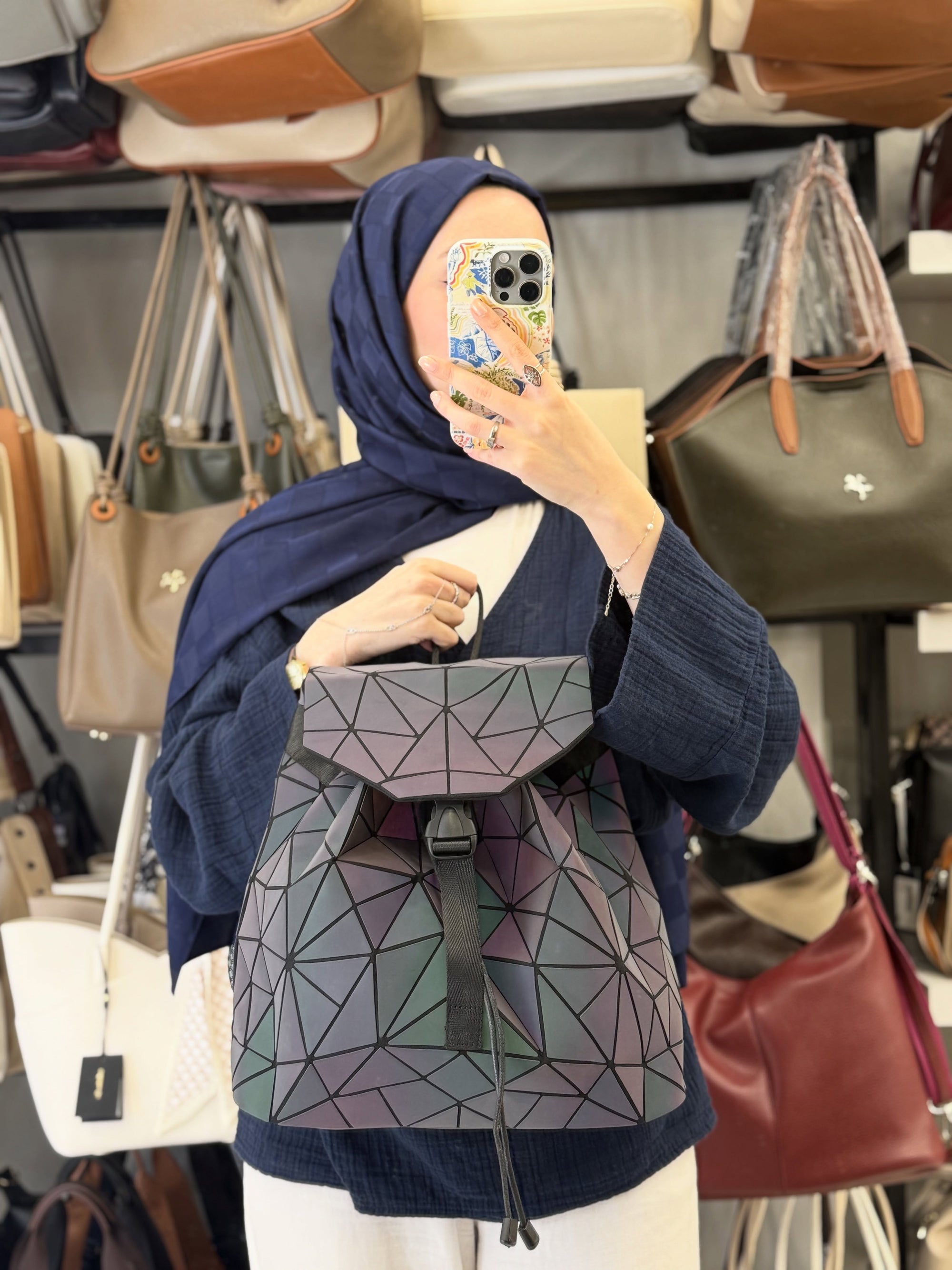 Nas Bag Mor Geometrik Panelli Reflektörlü Kadın Sırt Çantası - ns26040
