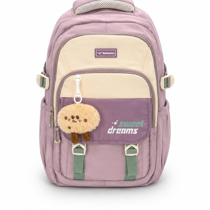 Relaxion Lila Krem Mor Sweet Dreams Peluş Charm Hediyeli Çok Bölmeli Valiz Tutuculu Sırt Çantası - 2462