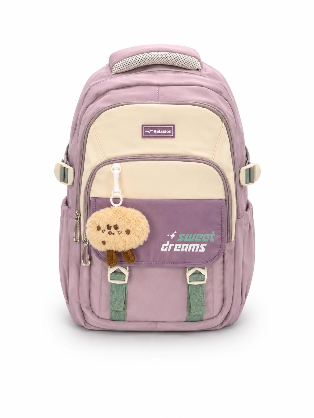Relaxion Lila Krem Mor Sweet Dreams Peluş Charm Hediyeli Çok Bölmeli Valiz Tutuculu Sırt Çantası - 2462