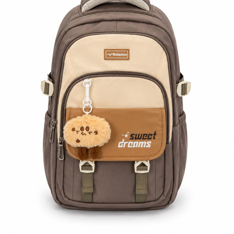Relaxion Vizon Krem Camel Sweet Dreams Peluş Charm Hediyeli Çok Bölmeli Valiz Tutuculu Sırt Çantası - 2462