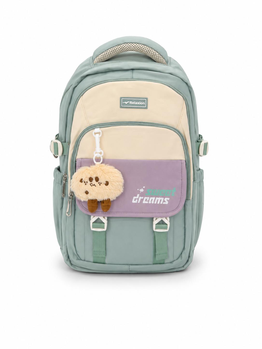 Relaxion Yeşil Krem Lila Sweet Dreams Peluş Charm Hediyeli Çok Bölmeli Valiz Tutuculu Sırt Çantası - 2462
