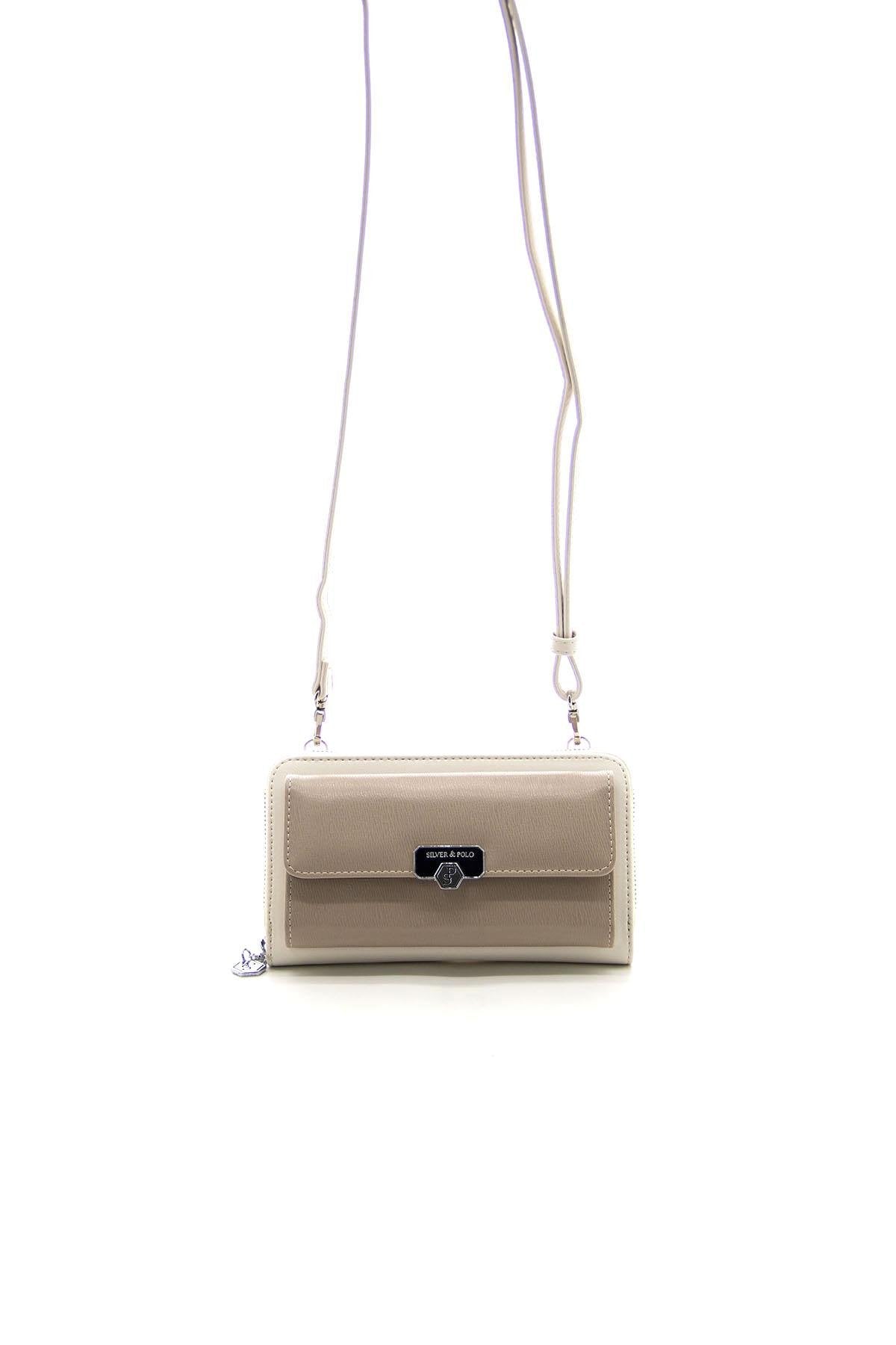 Silver & Polo Koyu Bej - Kemik SP921 Kadın Askılı Cüzdanlı Telefon Çantası