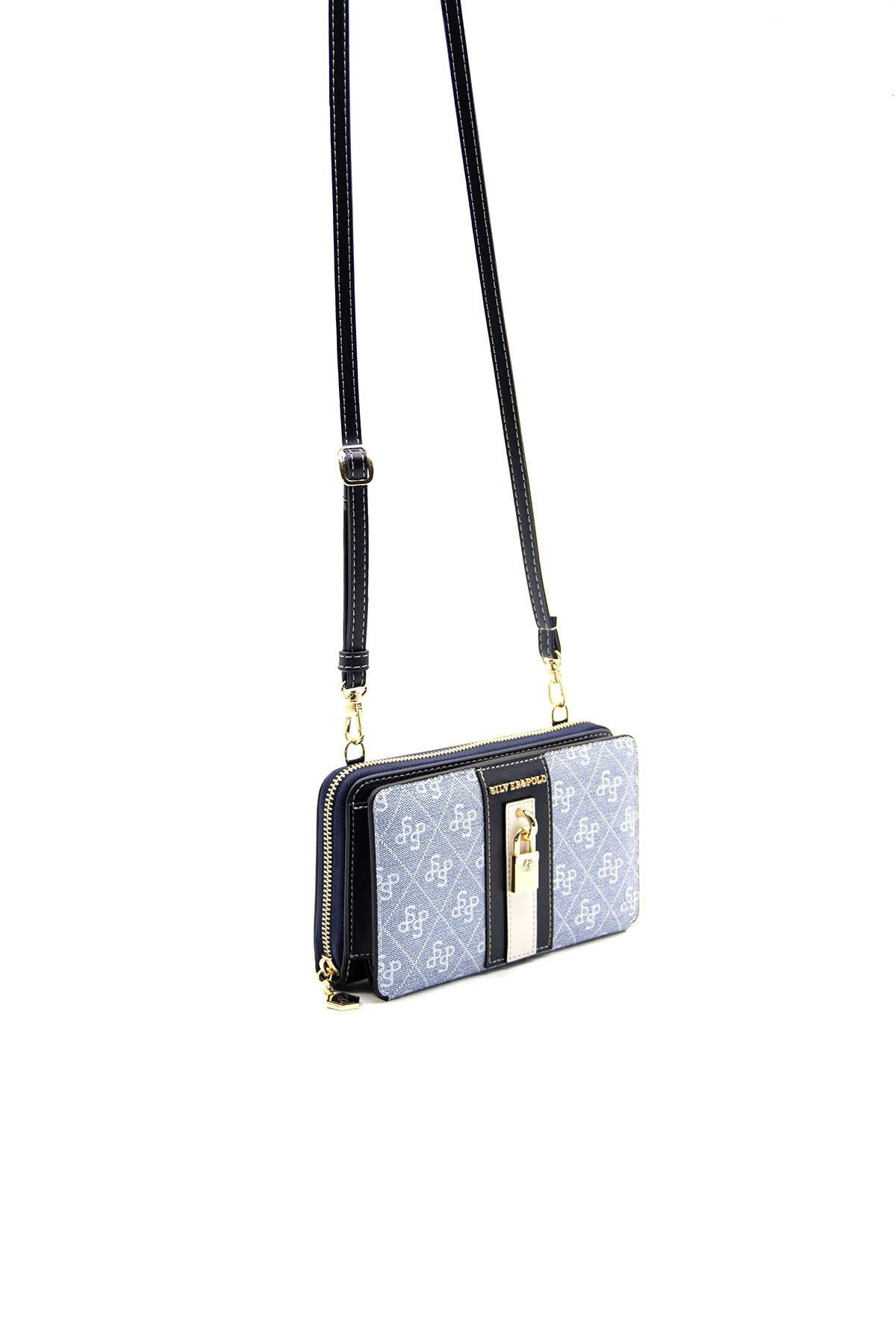 Silver & Polo Mavi - Laci SP1138 Kadın Askılı Cüzdanlı Telefon Çantası