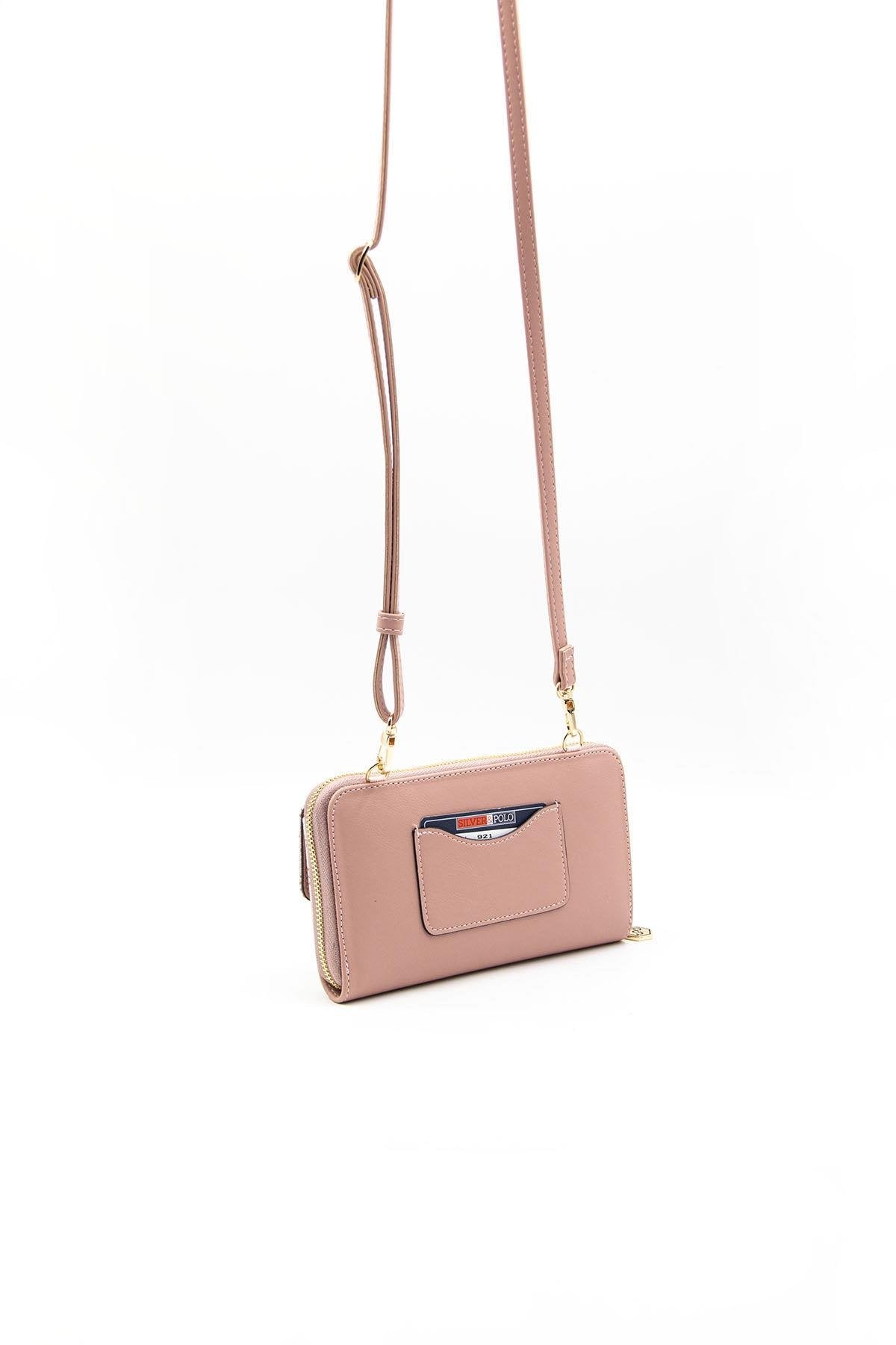 Silver & Polo Pembe-Somon SP921 Kadın Askılı Cüzdanlı Telefon Çantası