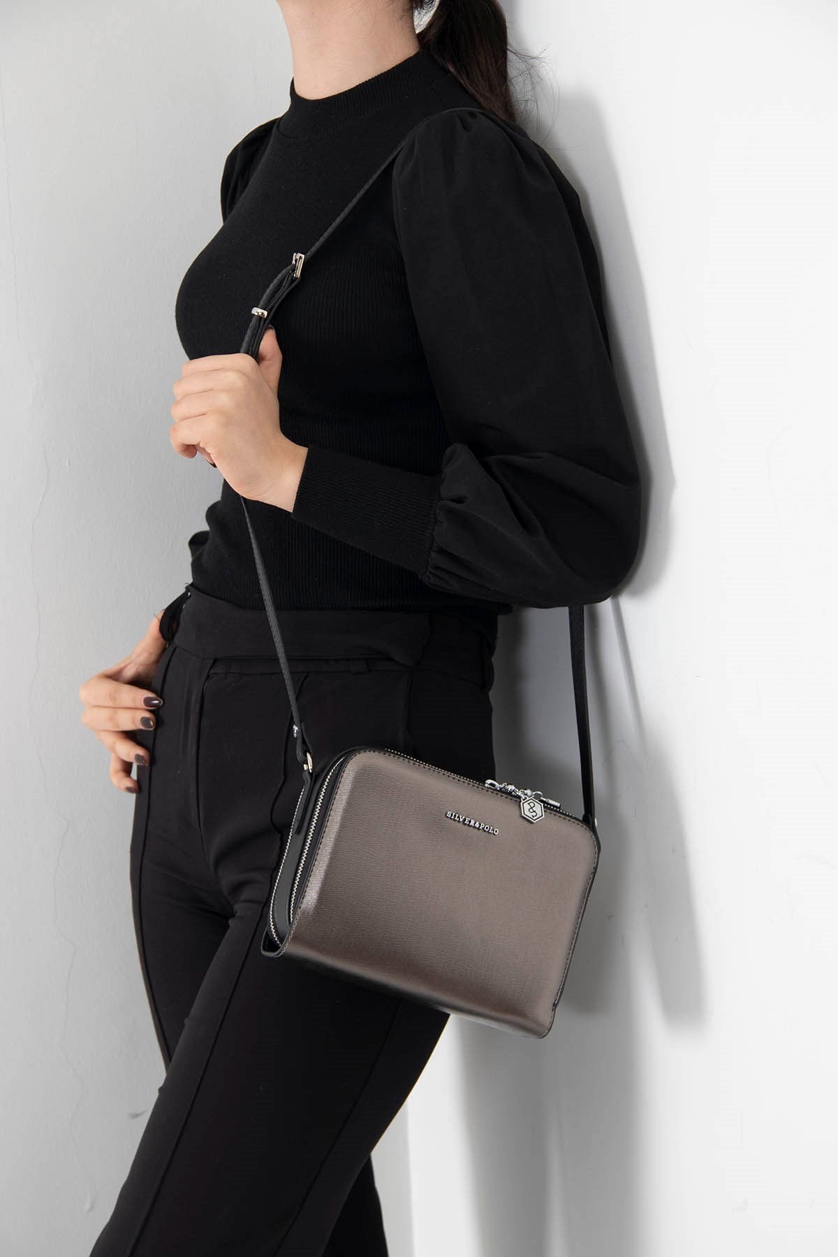 Silver & Polo Platin - Siyah SP888 Kadın Çapraz Çanta