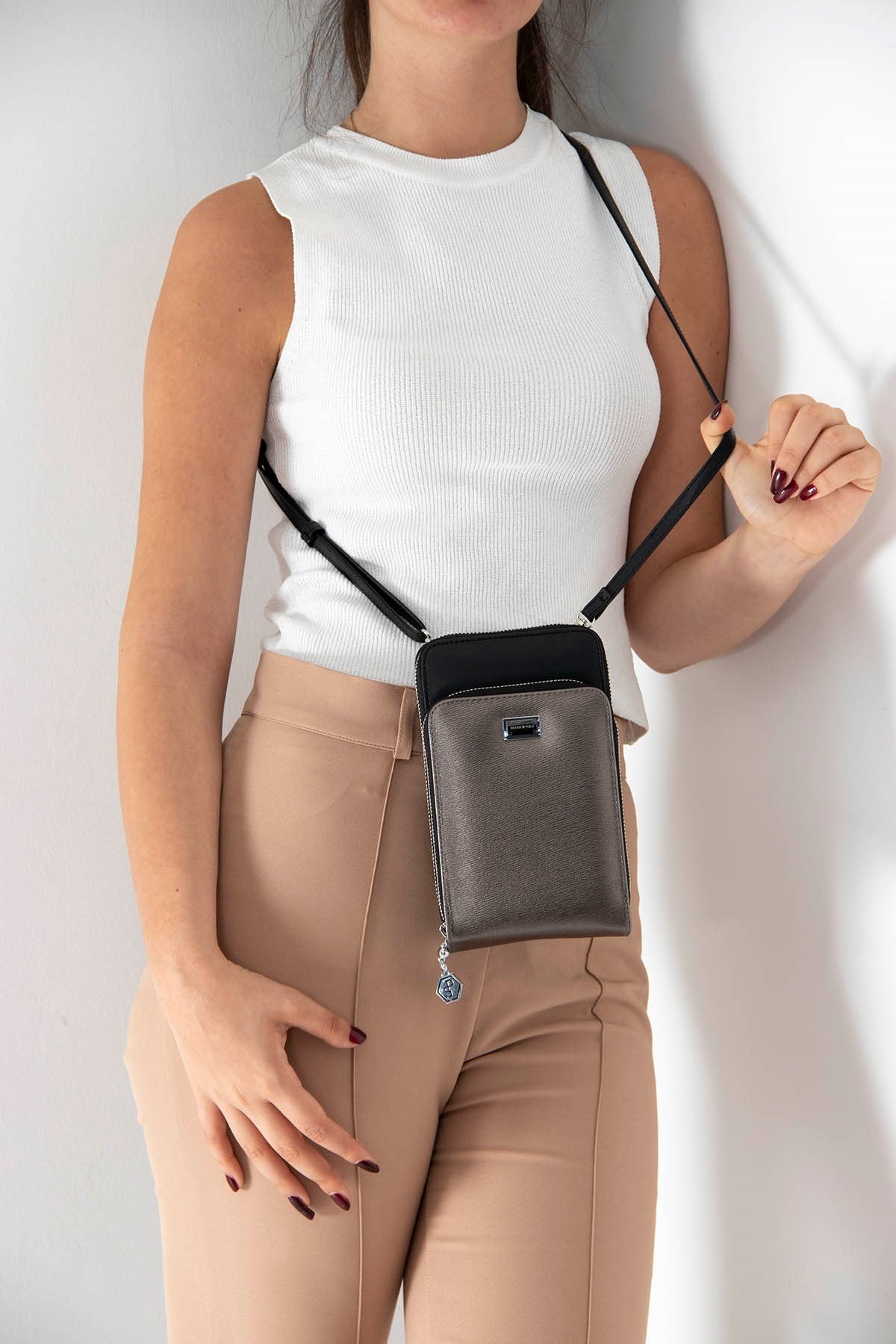 Silver & Polo Platin - Siyah SP1011 Kadın Askılı Cüzdanlı Telefon Çantası
