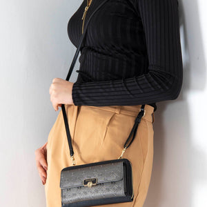 Silver & Polo Platin - Siyah SP921 Kadın Askılı Cüzdanlı Telefon Çantası