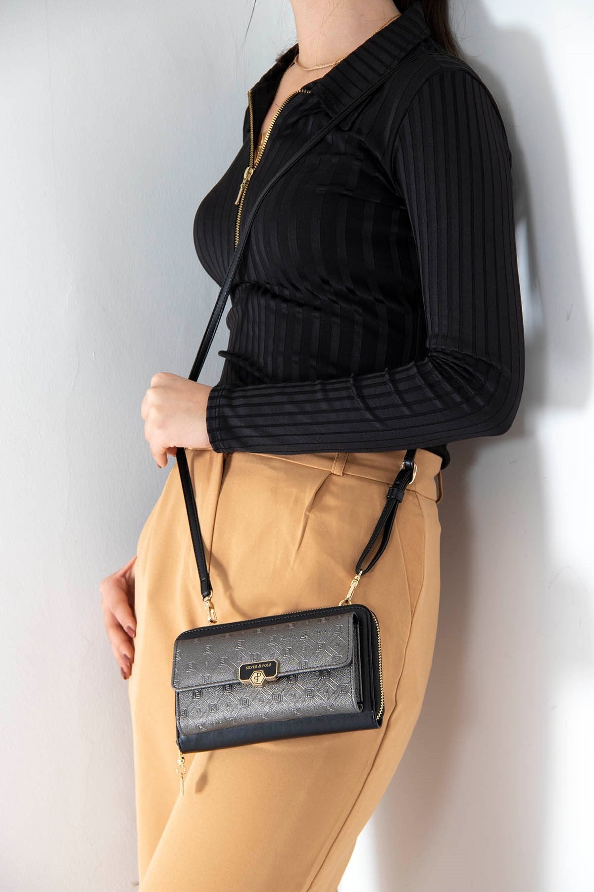 Silver & Polo Platin - Siyah SP921 Kadın Askılı Cüzdanlı Telefon Çantası