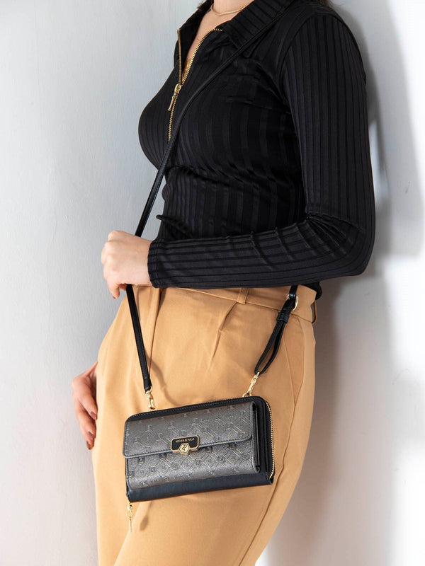 Silver & Polo Platin - Siyah SP921 Kadın Askılı Cüzdanlı Telefon Çantası