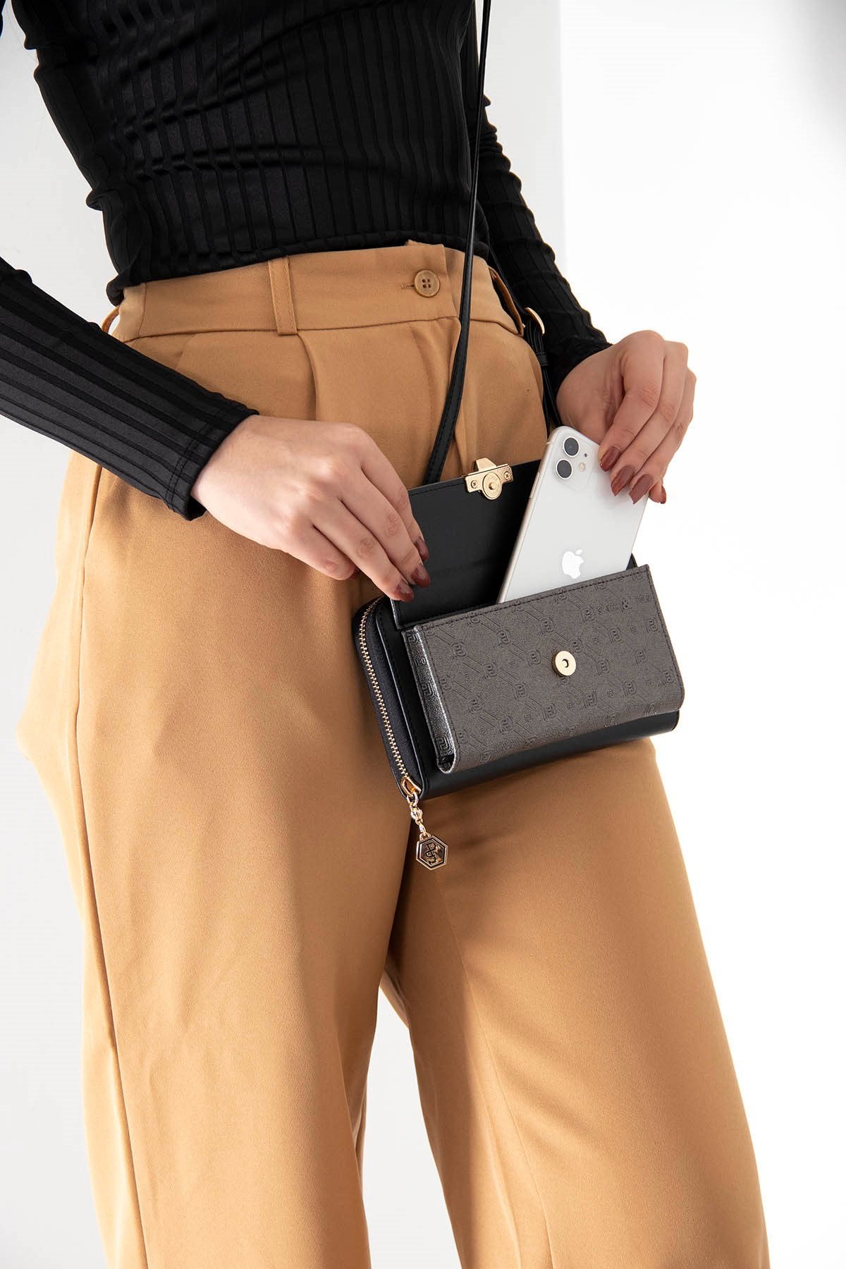 Silver & Polo Platin - Siyah SP921 Kadın Askılı Cüzdanlı Telefon Çantası