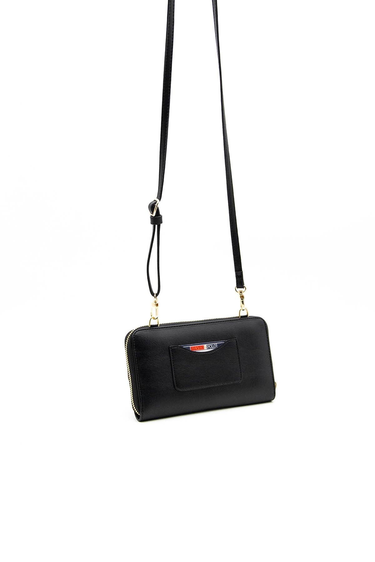 Silver & Polo Platin - Siyah SP921 Kadın Askılı Cüzdanlı Telefon Çantası
