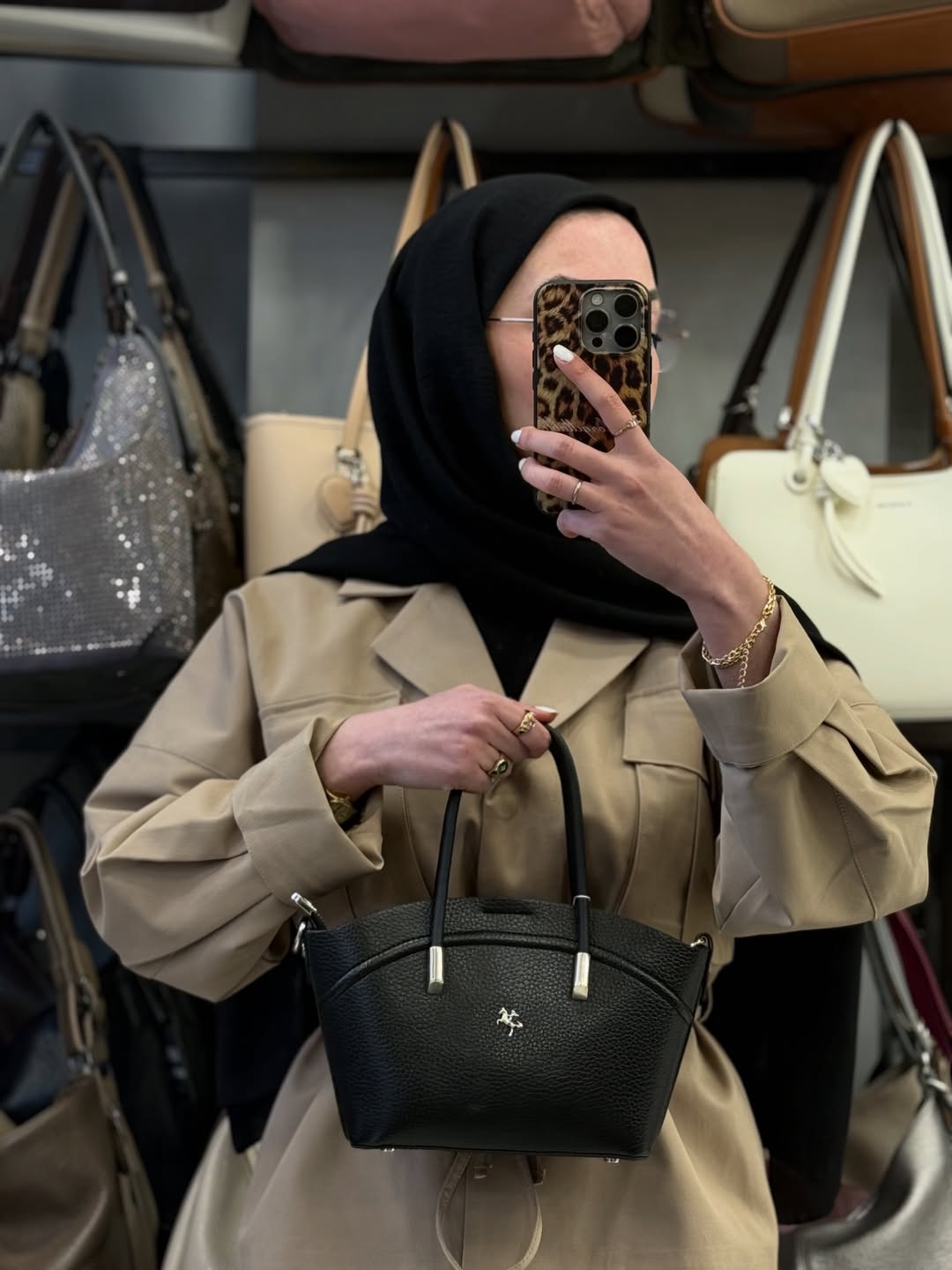 NASBAG Soft-Touch Deri Dokulu Siyah Kadın El ve Omuz Çantası - 1375