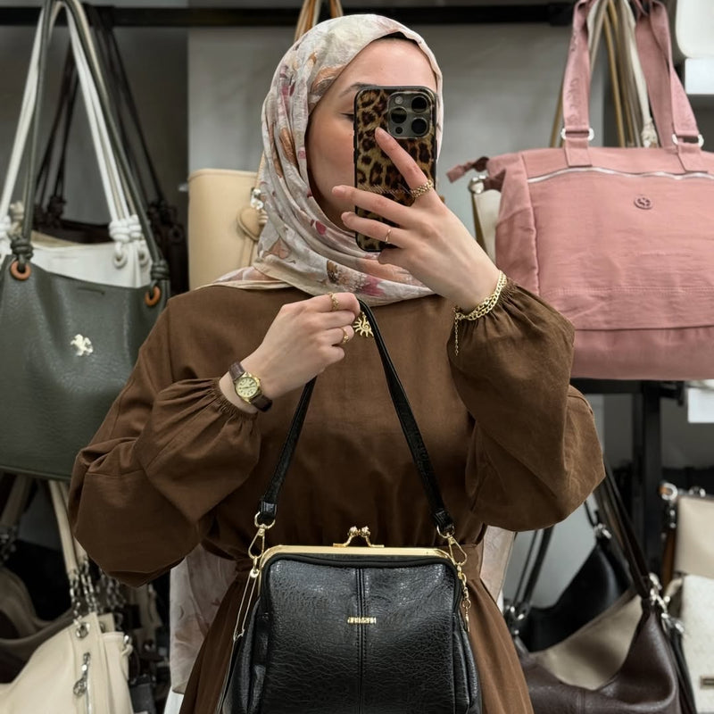 Nas Bag Burslu Klipsli Siyah Vintage Omuz ve Çapraz Çanta - 1432 - 7