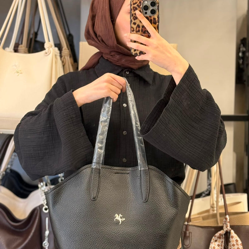 Nas Bag Siyah Yumuşak Dokulu & Çok Bölmeli El ve Omuz Çantası - 1486 - 1