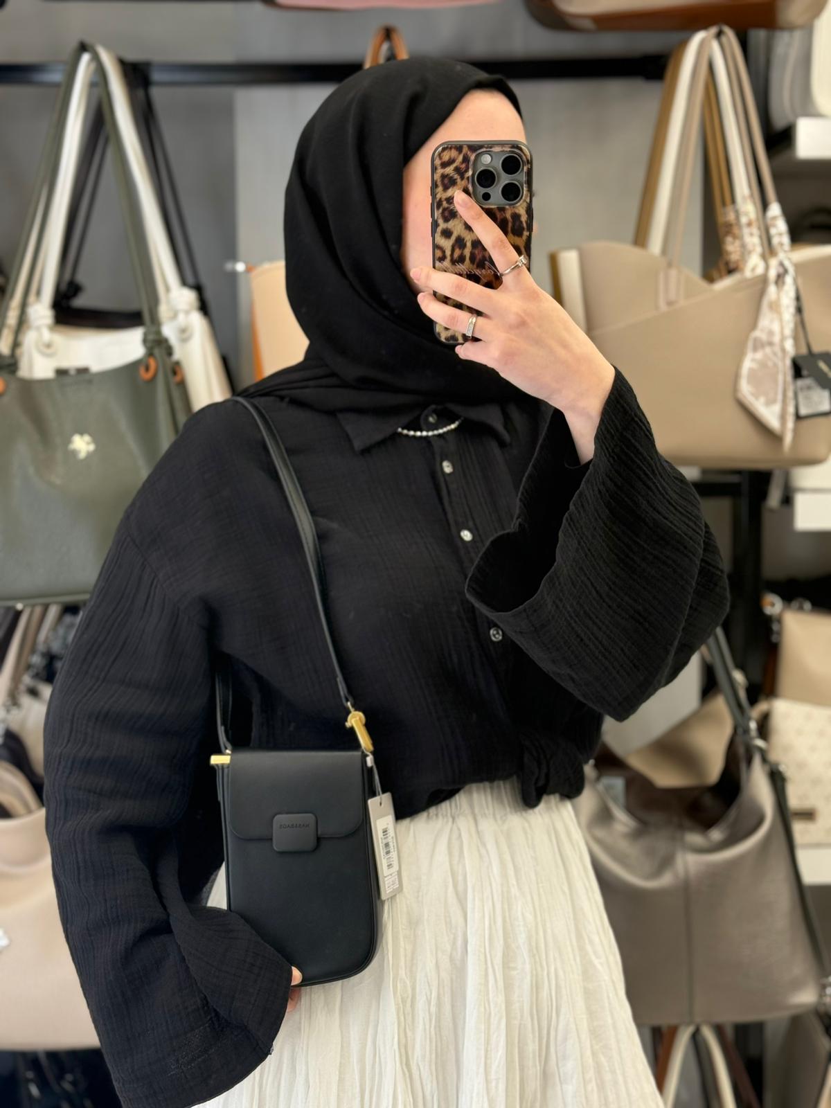 NASBAG Özel Seri - Çok Bölmeli Deri Siyah Telefon Çantası - NS26032