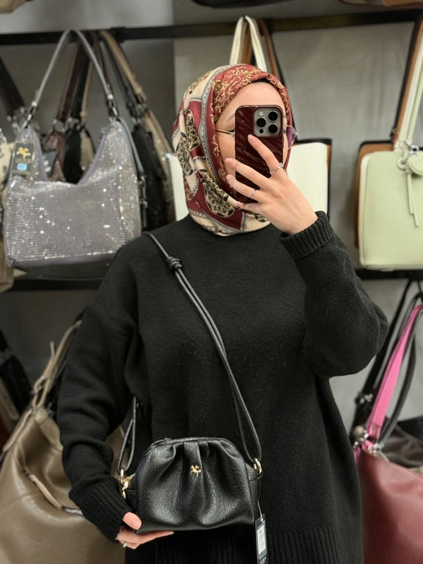 NASBAG Siyah Calven Yumuşacık Dokulu Büzgülü Kadın El ve Çapraz Omuz Çantası - 1255