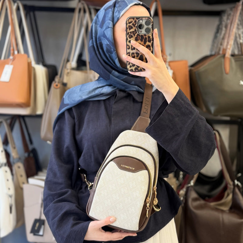Silver Polo Bej-Kahve Baskılı Bodybag Kadın Çantası - SP959 - 9