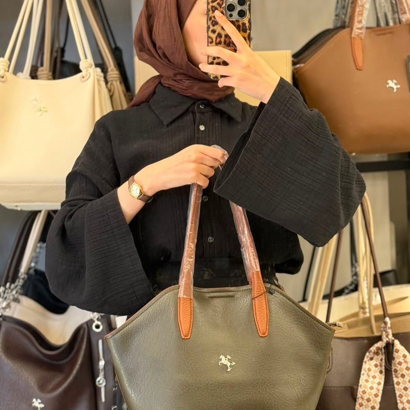 Nas Bag  Yeşil Taba Yumuşak Dokulu & Çok Bölmeli El ve Omuz Çantası - 1486 - 1